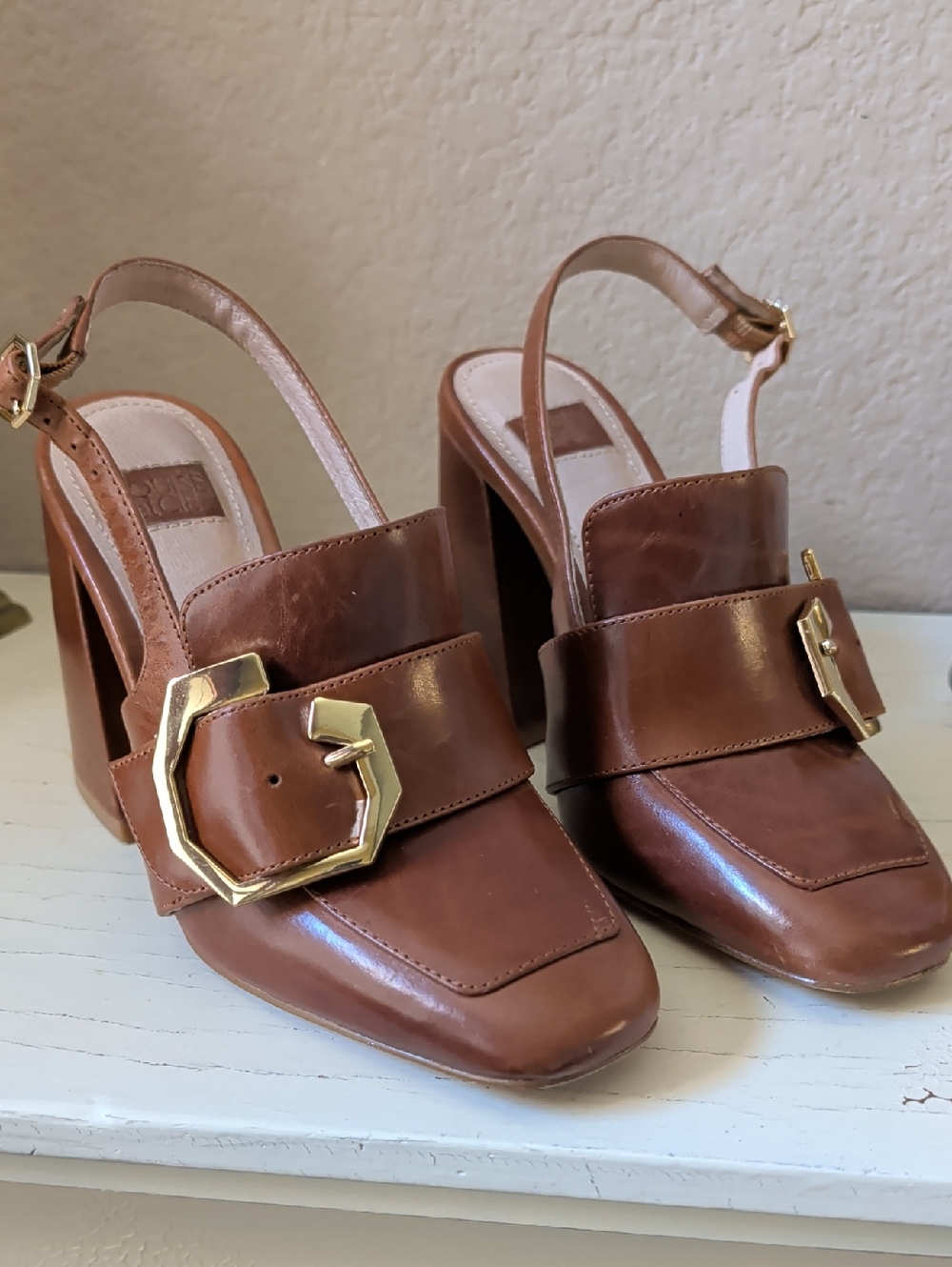 Louise et Cie Ilsa Tan Leather Block Heel Slingback Pumps with Gold Buckles